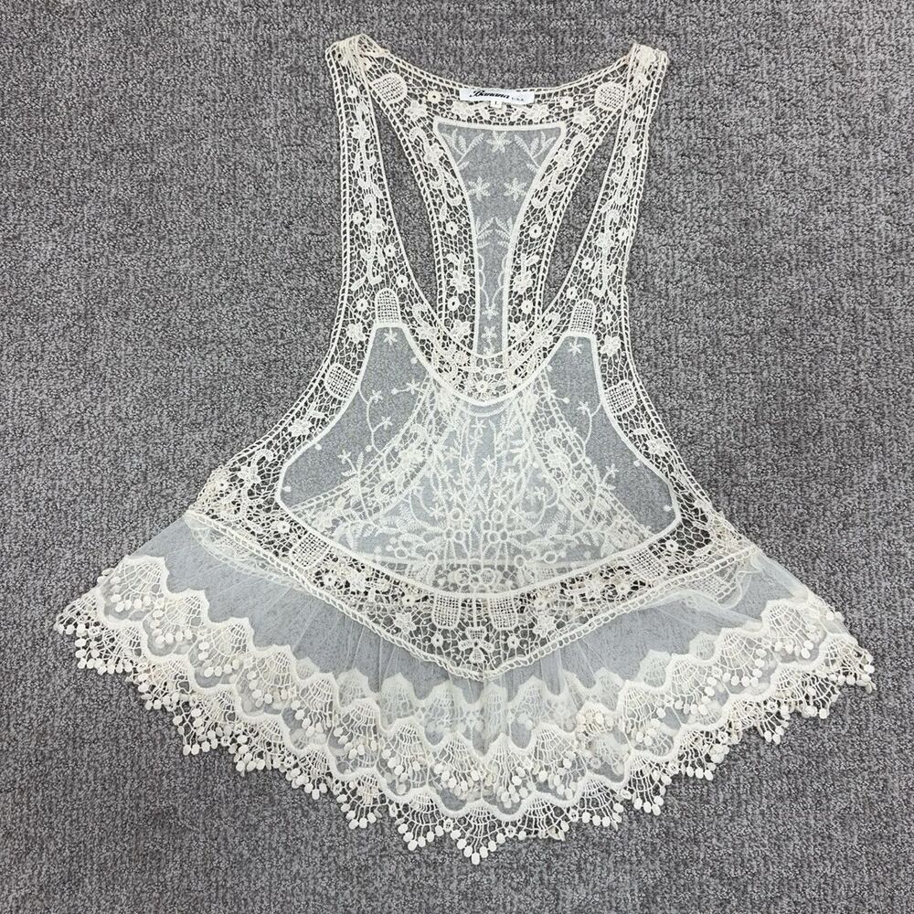 Banana USA Top Womens Large Cream Lace Sheer Embroidered Tank Y2K Boho Festival